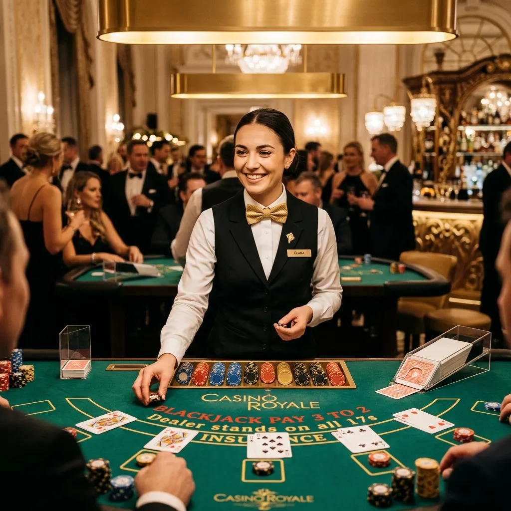 Professional friendly croupier at a blackjack table