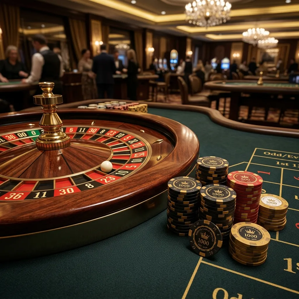Close up of a roulette wheel and chips with warm lighting
