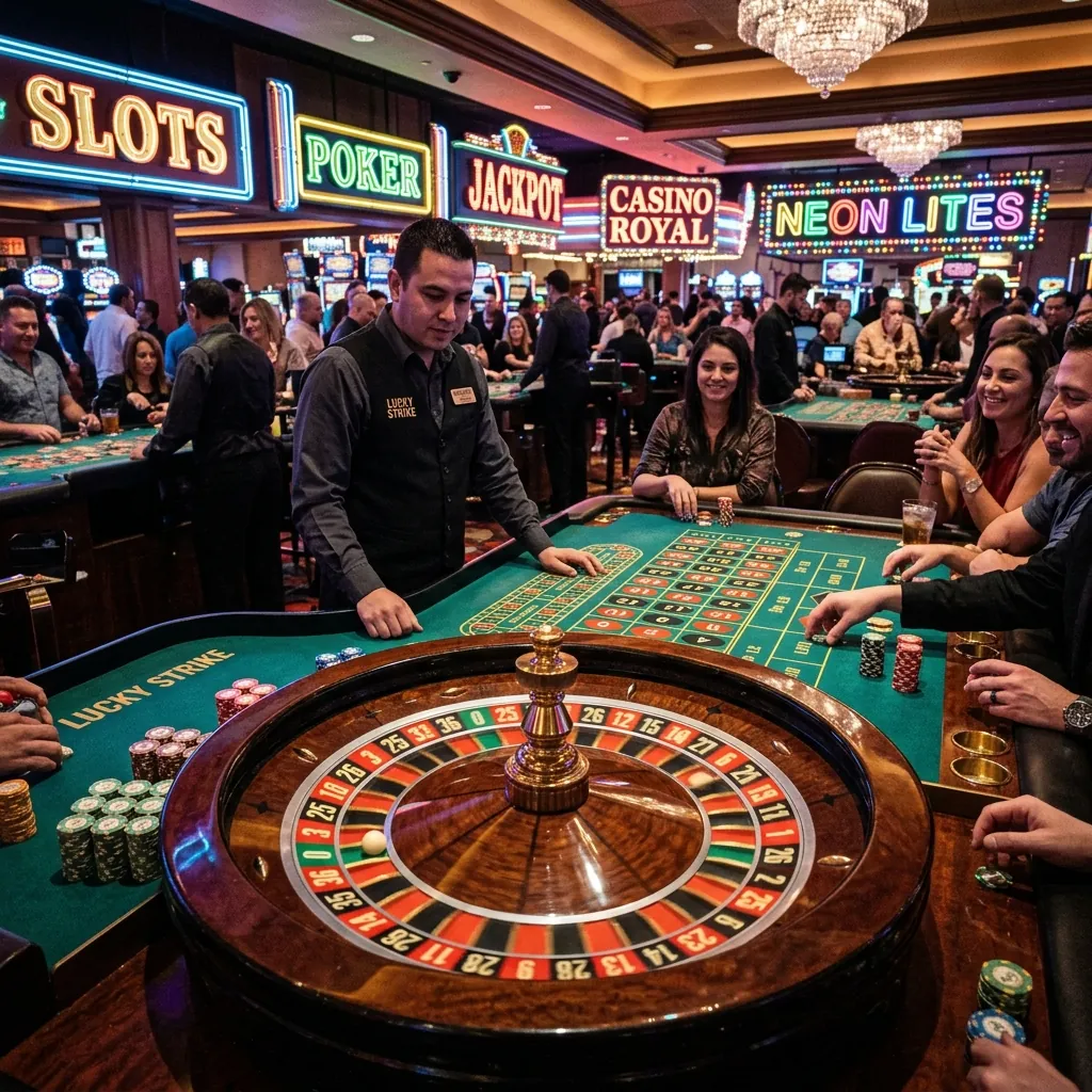 Bright neon lights and a lively casino floor